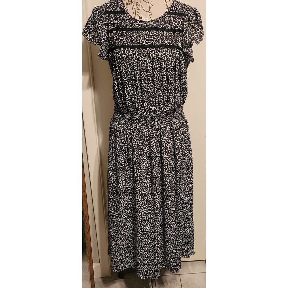 Gap Womens Black White Print Smocked Midi Dress Flutter Sleeve Sz Med